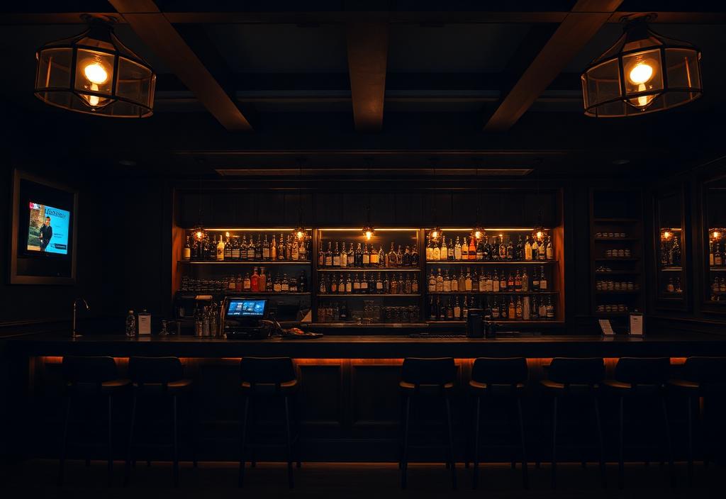 Venue front of house bar with POS terminal and stools