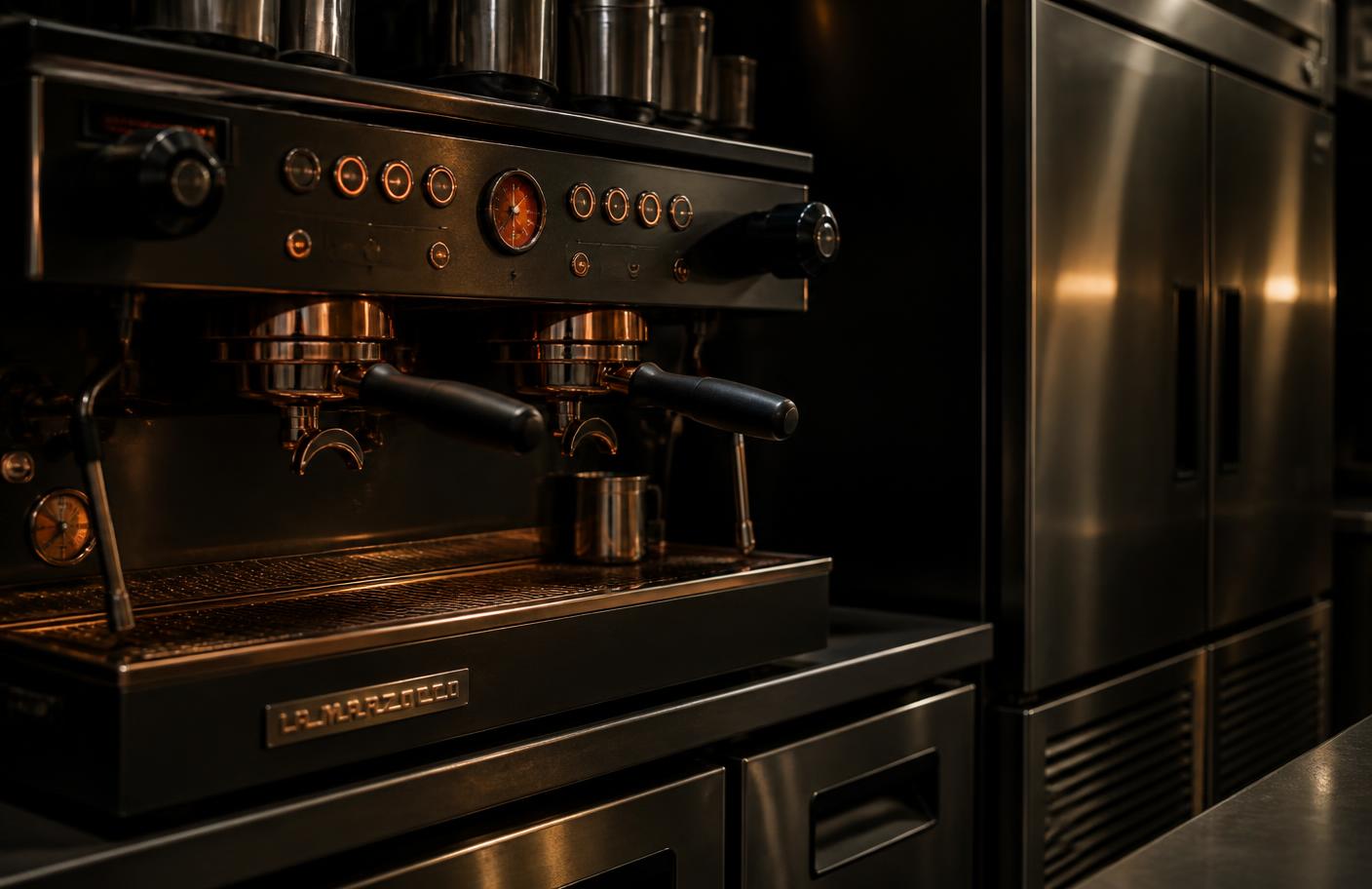 Commercial espresso machine and stainless refrigeration in a venue back-of-house