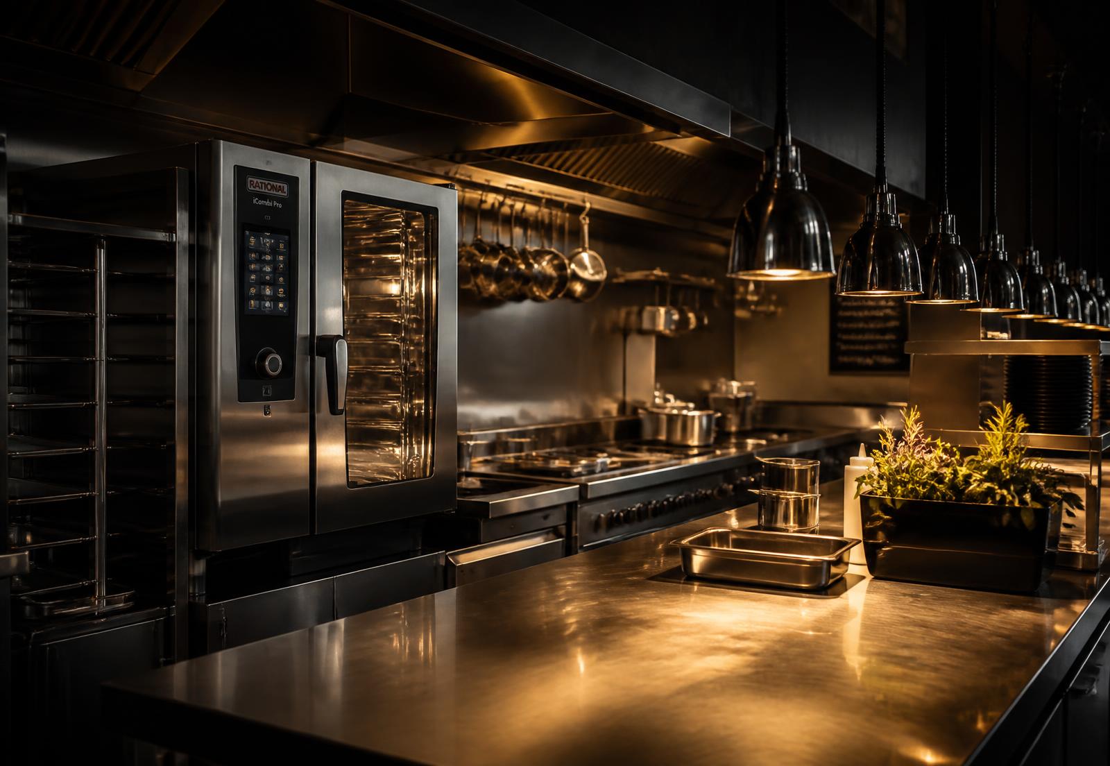 Stainless steel commercial kitchen with combi oven and prep bench